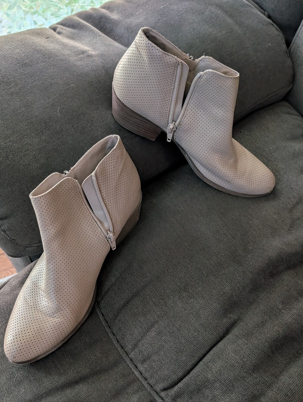Women’s Taupe Perforated Ankle Booties - Casual Zip Side